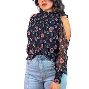 Intermix Navy Floral Cold Shoulder Silk Blouse